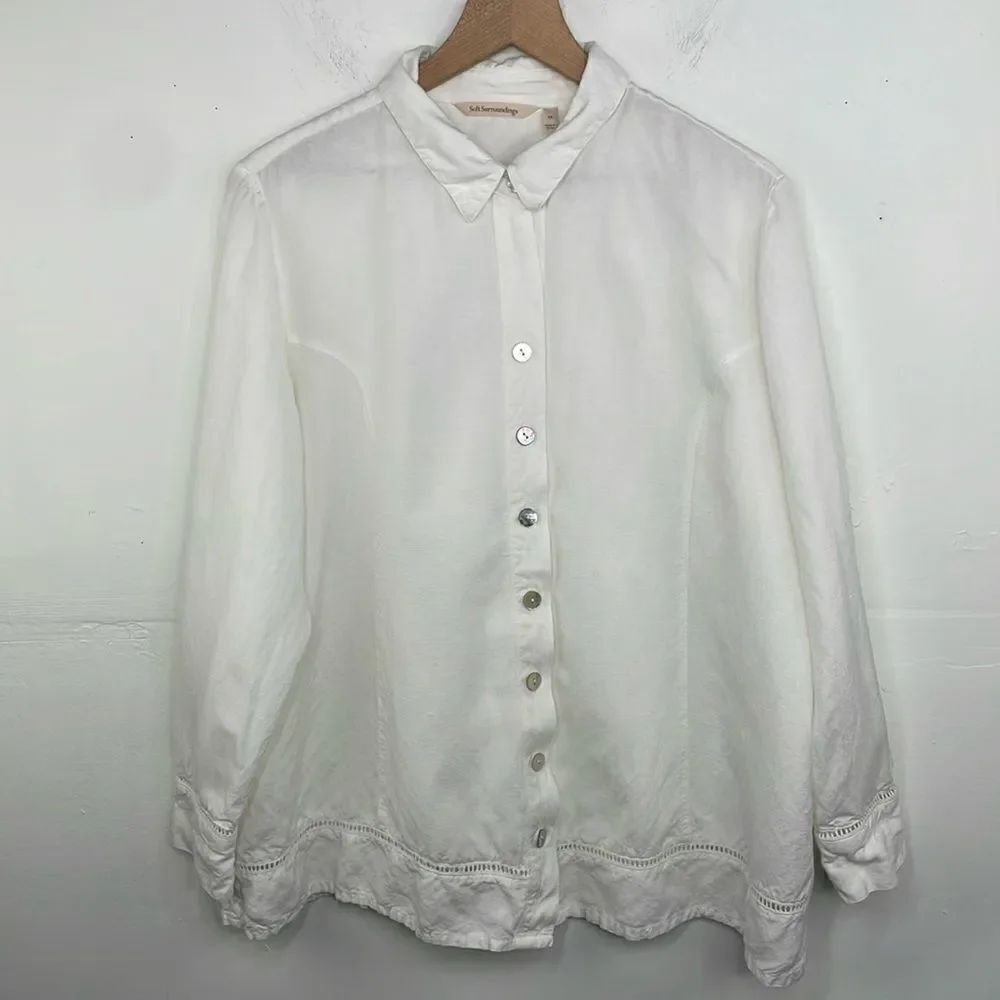 Soft Surroundings Linen White Front Button Closure Long Sleeve Collared  1X